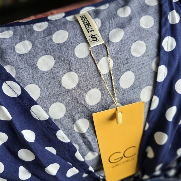 NWT Grecerelle V-Neck Faux Wrap Blue White Polka Dot Dress Ruffle Sleeve Sz. S - Picture 12 of 14